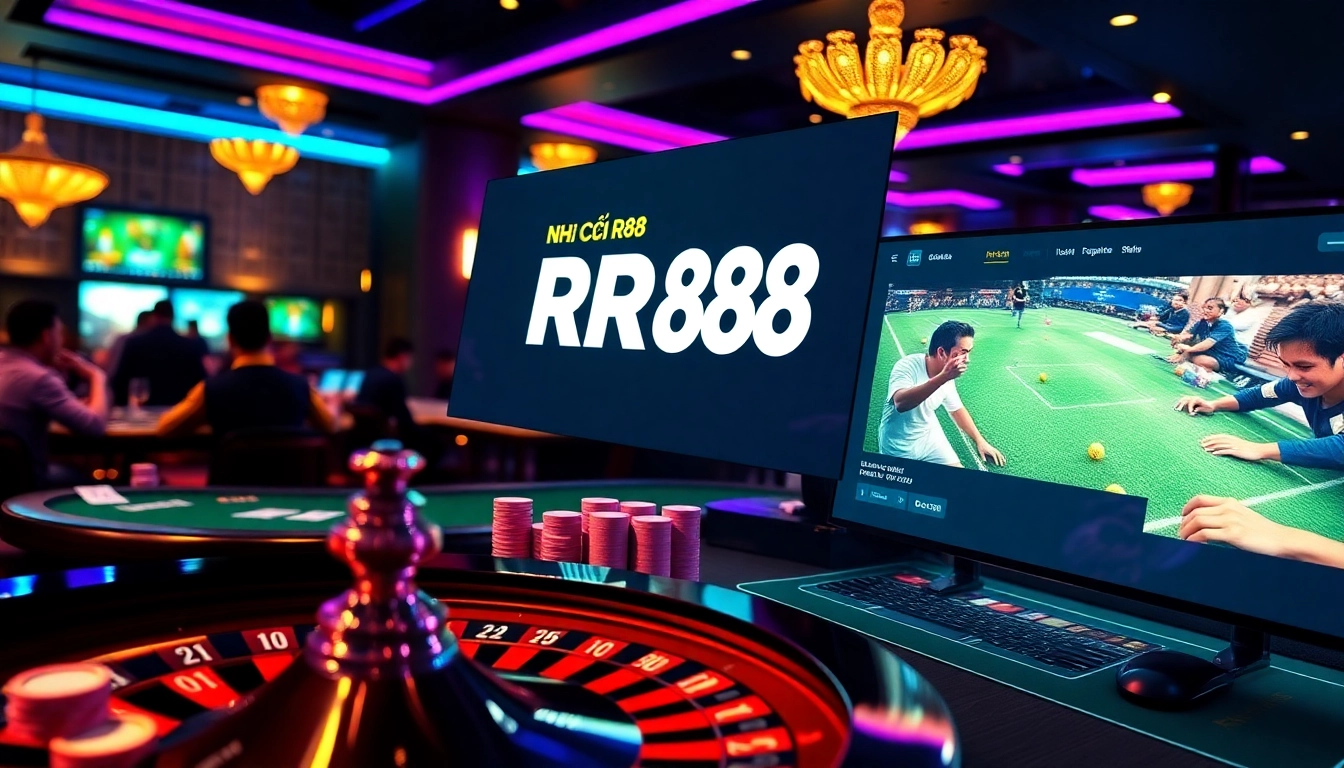Experience NHÀ CÁI RR88 as you engage with dynamic casino games, showcasing thrilling poker tables and roulette wheels.